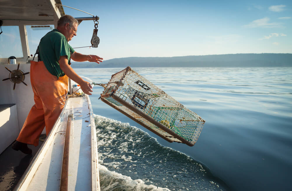 A Boothbay Harbor fisherman tossing his lobster trap into the water.