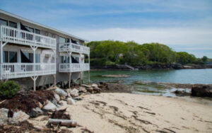 The beach of a Boothbay Harbor resort to stay at for Windjammer Days.