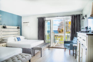 A guestroom at a Boothbay Harbor resort to stay at when visiting fall festivals in Maine.