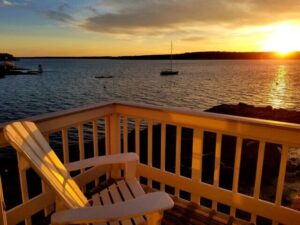 The porch off a room at a coastal Maine inn to stay at on a romantic getaway.