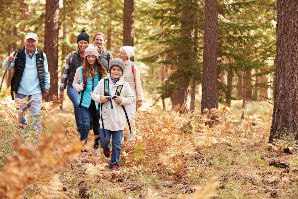 A group hiking during their Maine family reunion vacation.