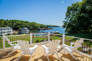A balcony at a Boothbay Harbor resort to relax on while taking in the Maine nature around you.