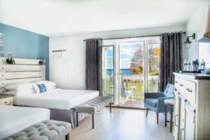 A guestroom at a Boothbay Harbor area resort to relax in after going on Maine day trips.