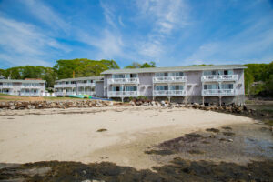 The view of an East Boothbay hotel to relax at after exploring Wiscasset shops.