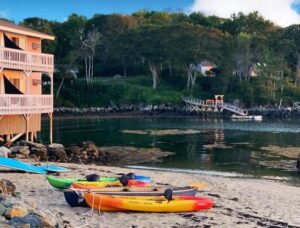 Kayaks on the beach at an East Boothbay, Maine, hotel before low tide.
